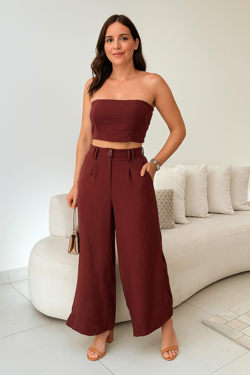 Conjunto de pantalón palazzo de cintura alta y top corto en Duna 