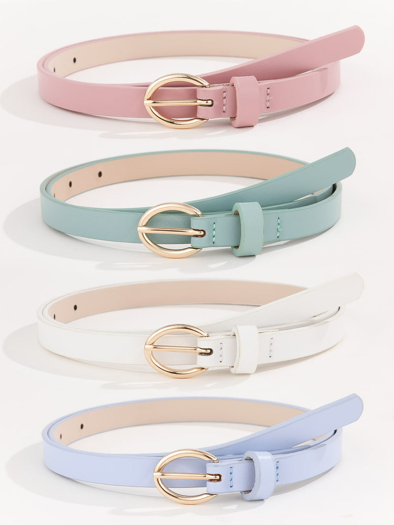 Cinturón minimalista elegante para mujer, 4 piezas, con hebilla ovalada dorada, ideal para vestidos y pantalones, uso diario.