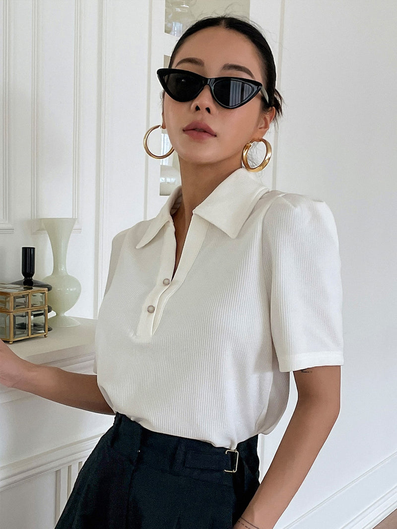 DAZY Solid Rib Knit Puff Sleeve Top
