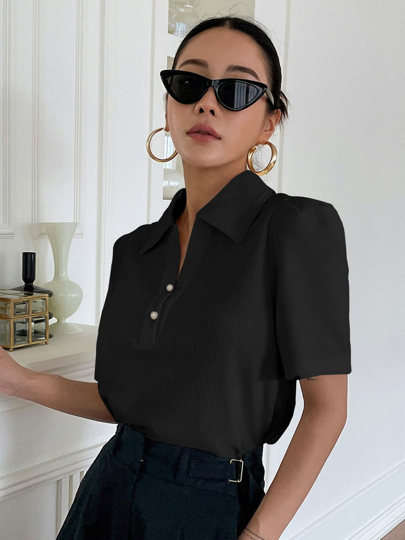 DAZY Solid Rib Knit Puff Sleeve Top