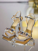 Women Sandals Ankle Strap Metallic Rhinestone Decor Pyramid Heel Glamorous PVC for Party