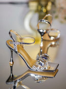 Women Sandals Ankle Strap Metallic Rhinestone Decor Pyramid Heel Glamorous PVC for Party