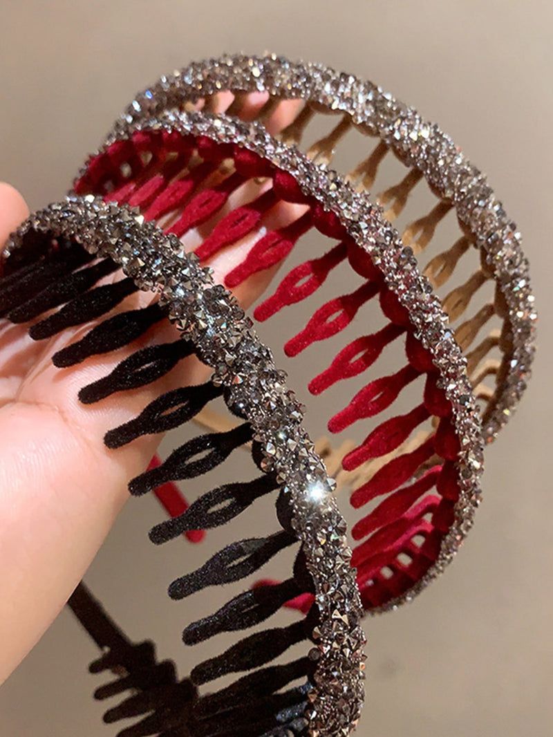 1 banda para el cabello real en color caqui con diseño de dientes ondulados y diamantes de imitación.