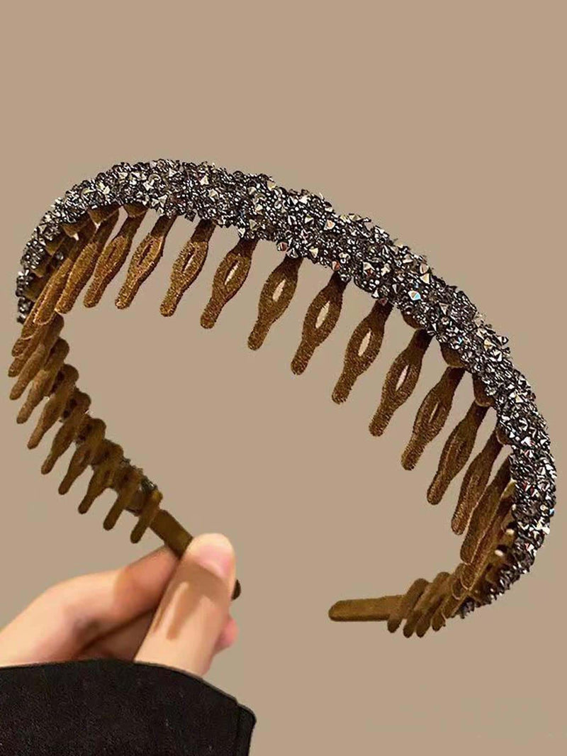 1 banda para el cabello real en color caqui con diseño de dientes ondulados y diamantes de imitación.