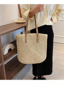 Juzia Bags Straw Beach Bag Plaid Stitched Shoulder Tote Bag