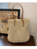 Juzia Bags Straw Beach Bag Plaid Stitched Shoulder Tote Bag