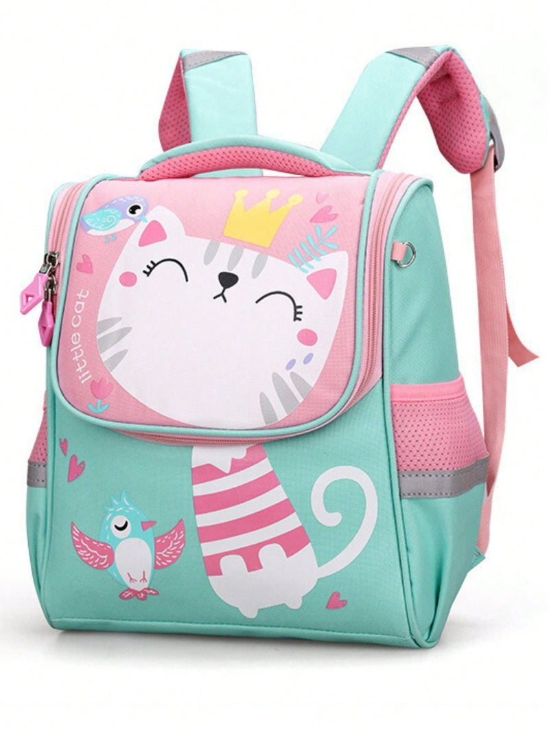 Mochila escolar infantil para niños y niñas con gatito dinosaurio en la espalda