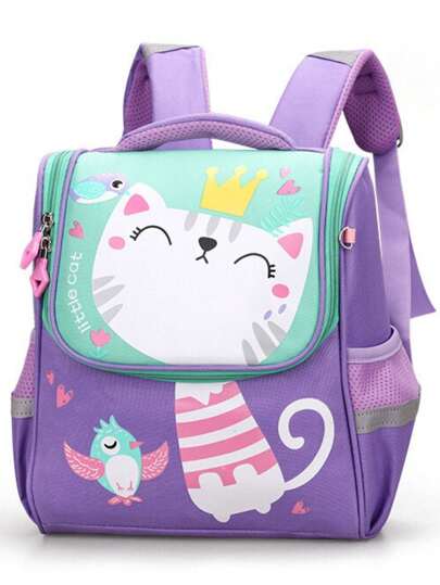 Mochila escolar infantil para niños y niñas con gatito dinosaurio en la espalda