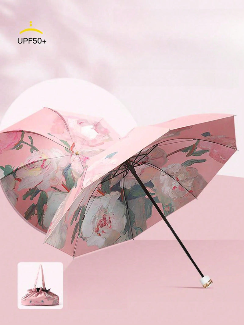 Paraguas de doble capa con estampado floral para mujer, plegable, ideal para sol y lluvia, UPF50+, anti-UV, antideslumbrante, diseño de paraguas invertido, diseño de corazón rosa para San Valentín.