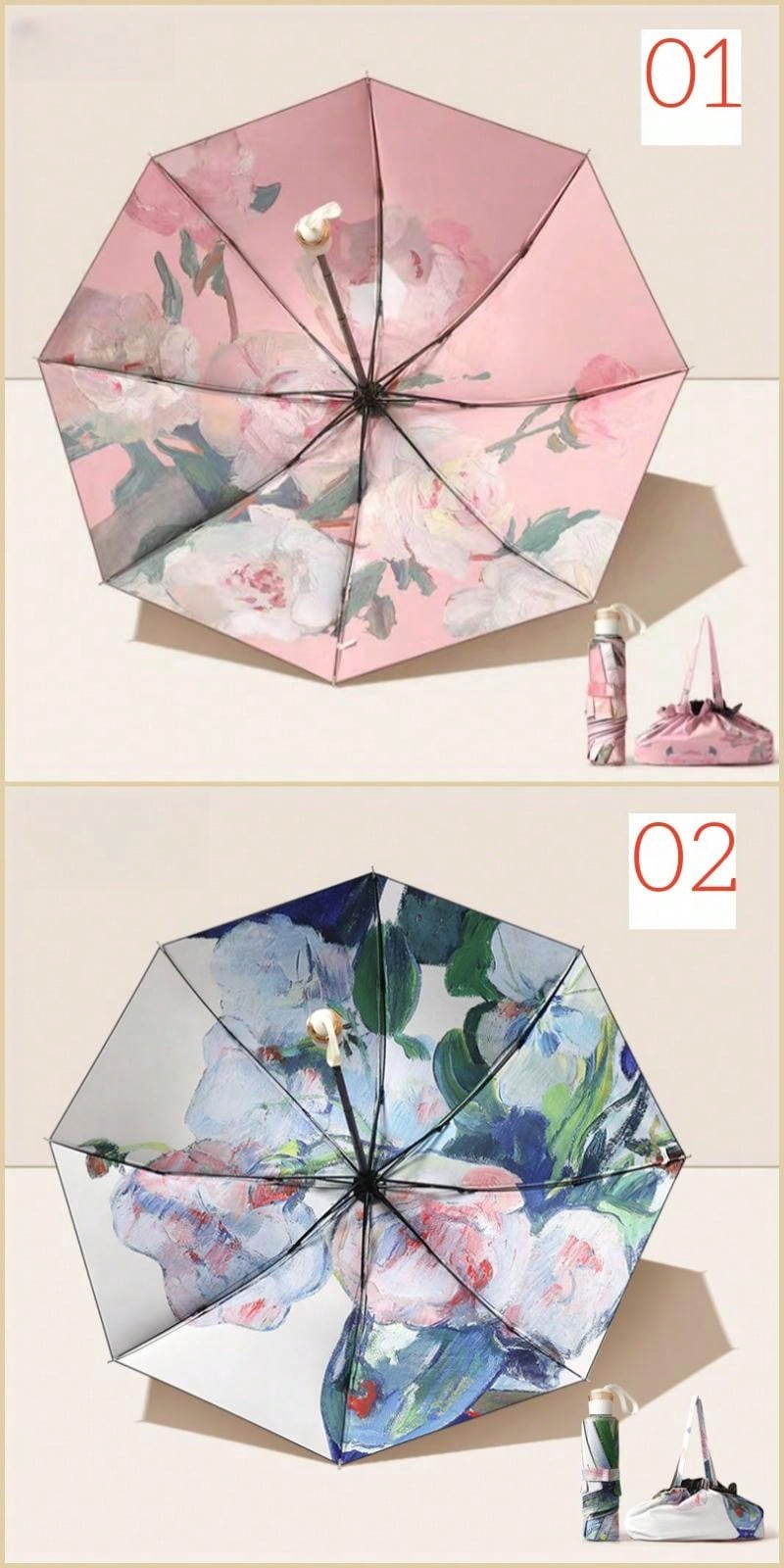 Paraguas de doble capa con estampado floral para mujer, plegable, ideal para sol y lluvia, UPF50+, anti-UV, antideslumbrante, diseño de paraguas invertido, diseño de corazón rosa para San Valentín.