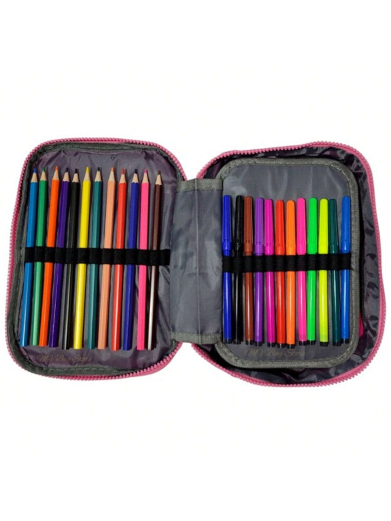 Estuche escolar de nailon con 100 bolígrafos y asa, organizador para mujer y hombre, con 2 compartimentos y cremallera, gran capacidad, impermeable, para niños.