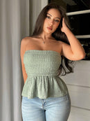 SHEIN Privé Women's blouse featuring beaded detailing, strapless design, umbrella hem, textured fabric and ruffles for a chic look