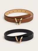 2 Pcs/Set Women's Basic Alphabet Decoration Belt With Metal Buckle, Suitable For Daily Wear