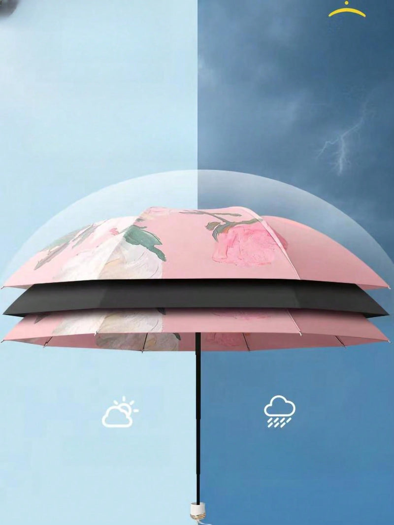 Paraguas de doble capa con estampado floral para mujer, plegable, ideal para sol y lluvia, UPF50+, anti-UV, antideslumbrante, diseño de paraguas invertido, diseño de corazón rosa para San Valentín.