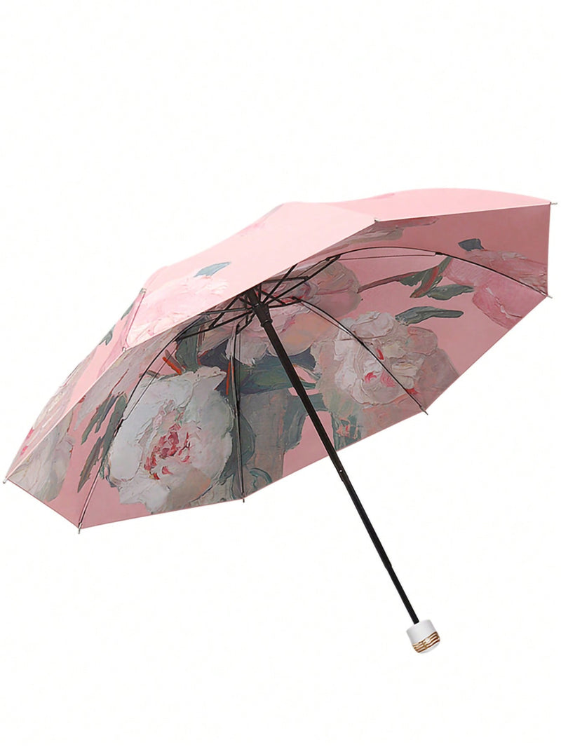 Paraguas de doble capa con estampado floral para mujer, plegable, ideal para sol y lluvia, UPF50+, anti-UV, antideslumbrante, diseño de paraguas invertido, diseño de corazón rosa para San Valentín.