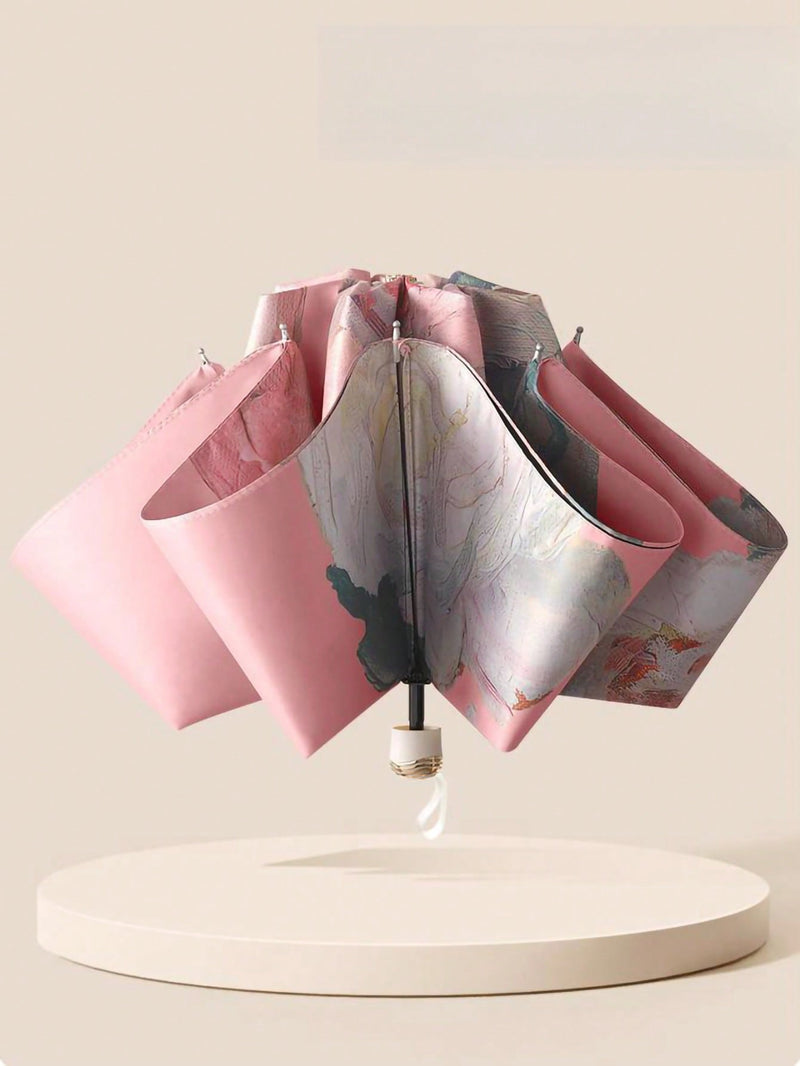 Paraguas de doble capa con estampado floral para mujer, plegable, ideal para sol y lluvia, UPF50+, anti-UV, antideslumbrante, diseño de paraguas invertido, diseño de corazón rosa para San Valentín.