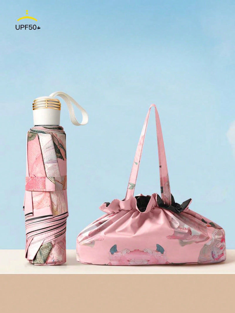 Paraguas de doble capa con estampado floral para mujer, plegable, ideal para sol y lluvia, UPF50+, anti-UV, antideslumbrante, diseño de paraguas invertido, diseño de corazón rosa para San Valentín.