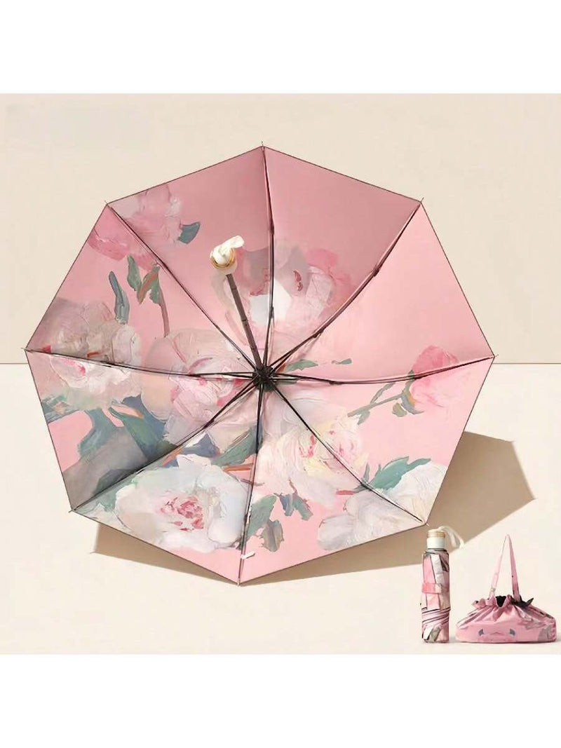 Paraguas de doble capa con estampado floral para mujer, plegable, ideal para sol y lluvia, UPF50+, anti-UV, antideslumbrante, diseño de paraguas invertido, diseño de corazón rosa para San Valentín.