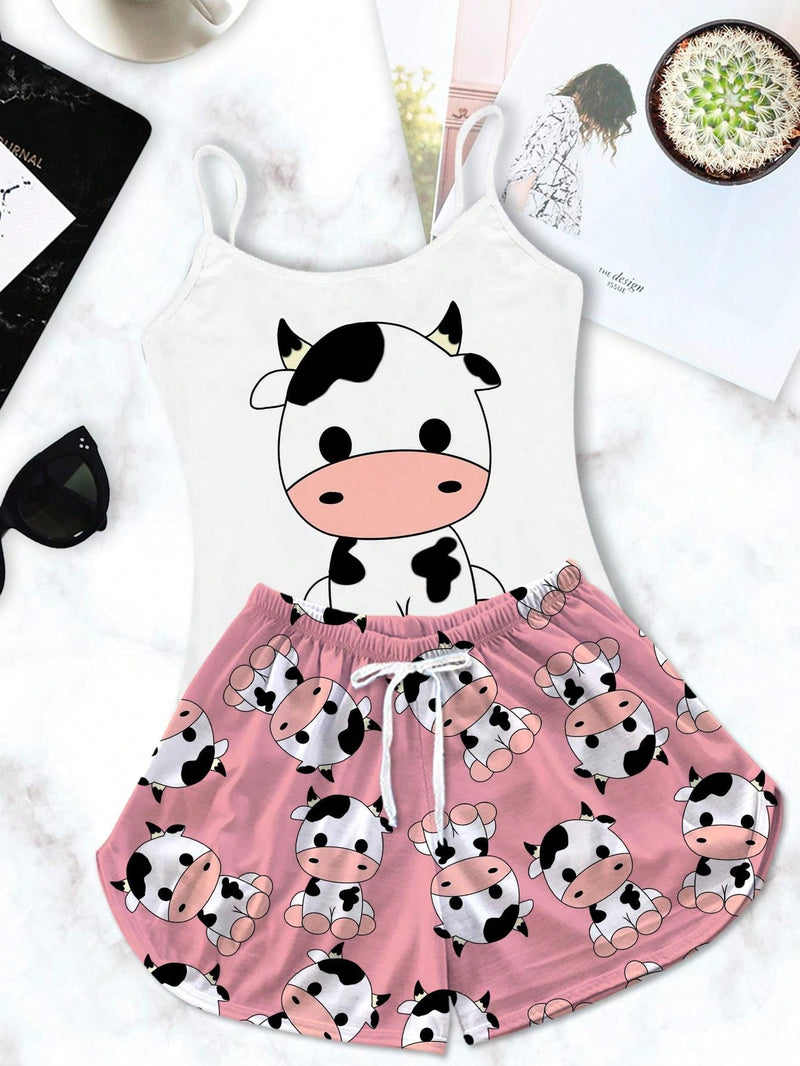 Conjunto de pijama de muñeca bebé para mujer con tirantes y estampado de vaca rosa