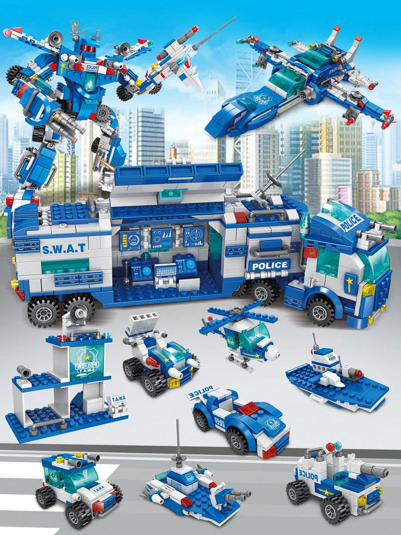 HUIQIBAO TOYS 700 Pieces 8 in 1 3 Changes City Police Command Truck Building Blocks, Police Robot, SWAT Station, Car, Helicopter, Machine, Special Forces Figure, Educational Toy Model for Kids, Birthday Gifts