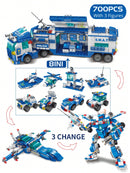 HUIQIBAO TOYS 700 Pieces 8 in 1 3 Changes City Police Command Truck Building Blocks, Police Robot, SWAT Station, Car, Helicopter, Machine, Special Forces Figure, Educational Toy Model for Kids, Birthday Gifts