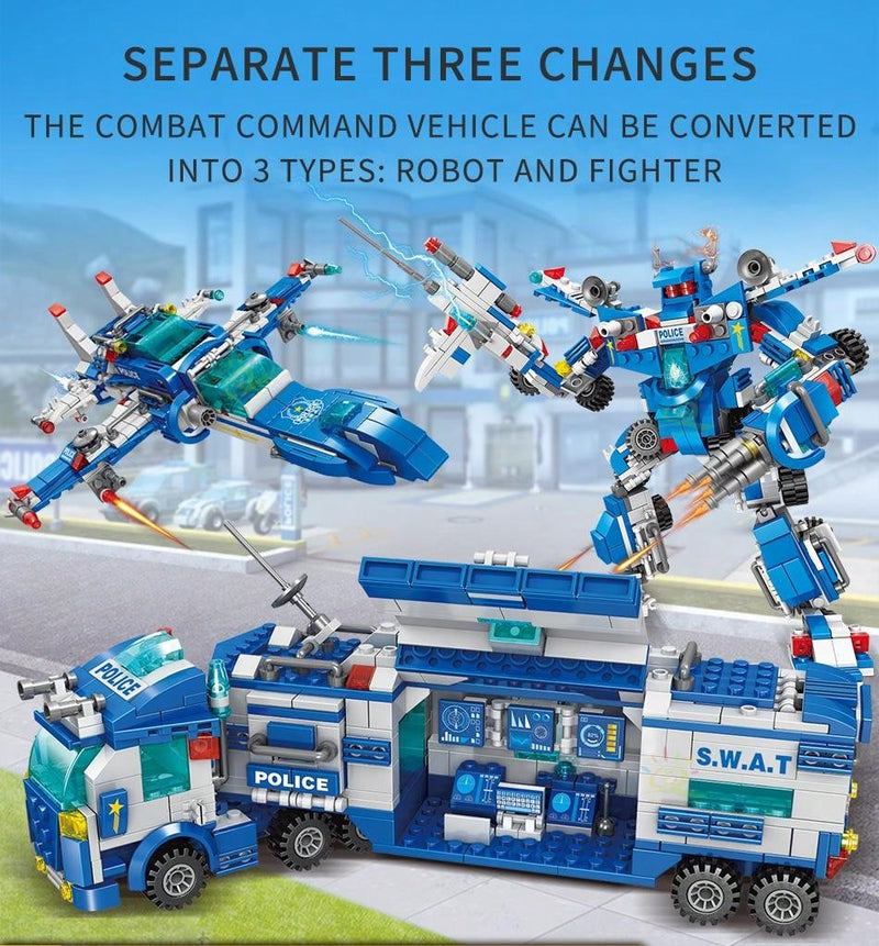 HUIQIBAO TOYS 700 Pieces 8 in 1 3 Changes City Police Command Truck Building Blocks, Police Robot, SWAT Station, Car, Helicopter, Machine, Special Forces Figure, Educational Toy Model for Kids, Birthday Gifts