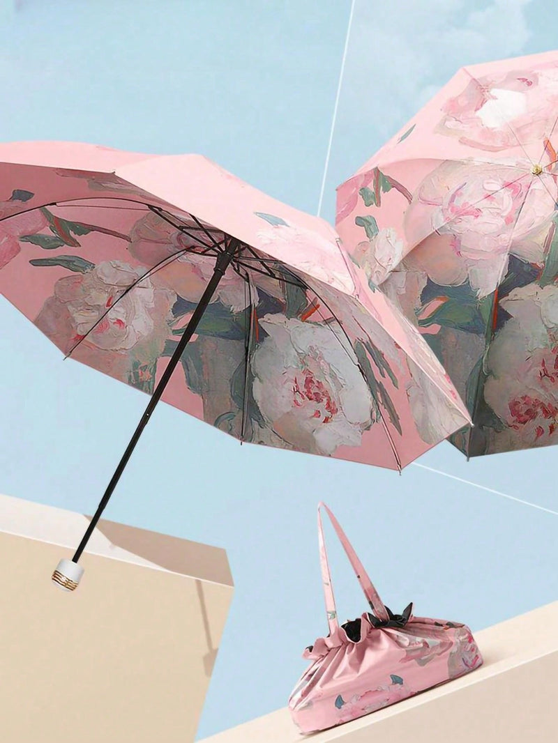 Paraguas de doble capa con estampado floral para mujer, plegable, ideal para sol y lluvia, UPF50+, anti-UV, antideslumbrante, diseño de paraguas invertido, diseño de corazón rosa para San Valentín.