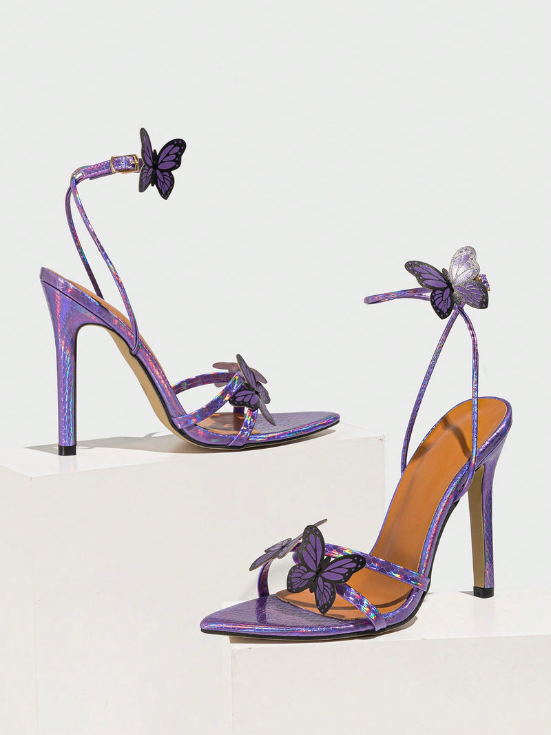 Women's Spring/Summer High Heels, High Fashion Cocktail, Outdoor Wear, Pointed Toe, Sparkling Butterfly Detail, Sexy Open Strap, Elegant Black High Heel Sandals