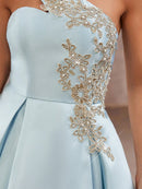 Lovelzi Elegant and Magnificent, Dignified and Generous, Retro and Charming, Aqua Satin Dress with Gold Thread Applique on One Shoulder with Padding on Bust, High Waist Design A-Line Silhouette with Pleated Hem Mid-Length, Suitable for Party,