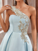 Lovelzi Elegant and Magnificent, Dignified and Generous, Retro and Charming, Aqua Satin Dress with Gold Thread Applique on One Shoulder with Padding on Bust, High Waist Design A-Line Silhouette with Pleated Hem Mid-Length, Suitable for Party,