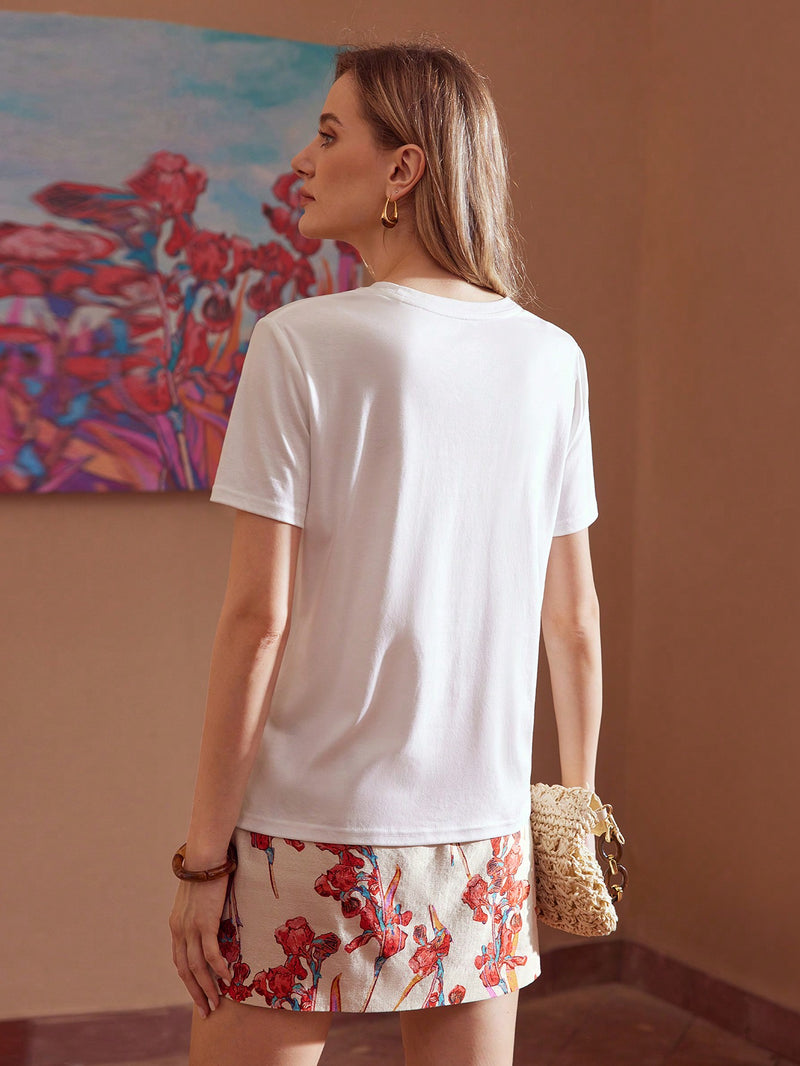 Camiseta de manga corta con lentejuelas y estampado floral de patchwork de MOTF PREMIUM