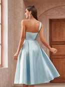 Lovelzi Elegant and Magnificent, Dignified and Generous, Retro and Charming, Aqua Satin Dress with Gold Thread Applique on One Shoulder with Padding on Bust, High Waist Design A-Line Silhouette with Pleated Hem Mid-Length, Suitable for Party,