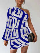 Vestido Casual com Manga Bufante e Estampa Geométrica