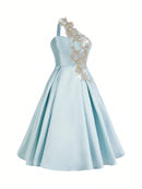 Lovelzi Elegant and Magnificent, Dignified and Generous, Retro and Charming, Aqua Satin Dress with Gold Thread Applique on One Shoulder with Padding on Bust, High Waist Design A-Line Silhouette with Pleated Hem Mid-Length, Suitable for Party,