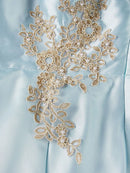 Lovelzi Elegant and Magnificent, Dignified and Generous, Retro and Charming, Aqua Satin Dress with Gold Thread Applique on One Shoulder with Padding on Bust, High Waist Design A-Line Silhouette with Pleated Hem Mid-Length, Suitable for Party,