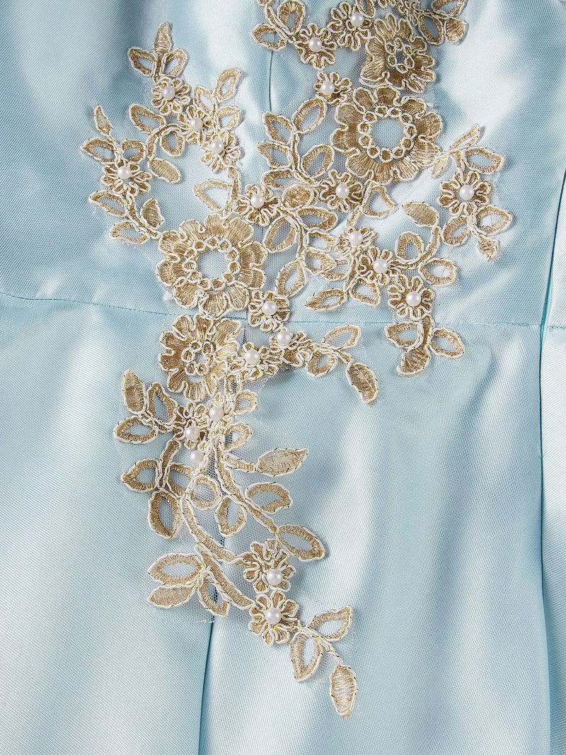 Lovelzi Elegant and Magnificent, Dignified and Generous, Retro and Charming, Aqua Satin Dress with Gold Thread Applique on One Shoulder with Padding on Bust, High Waist Design A-Line Silhouette with Pleated Hem Mid-Length, Suitable for Party,
