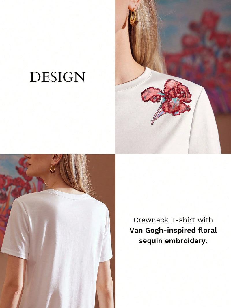 Camiseta de manga corta con lentejuelas y estampado floral de patchwork de MOTF PREMIUM