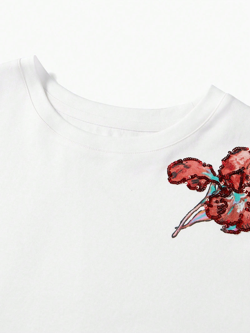 Camiseta de manga corta con lentejuelas y estampado floral de patchwork de MOTF PREMIUM