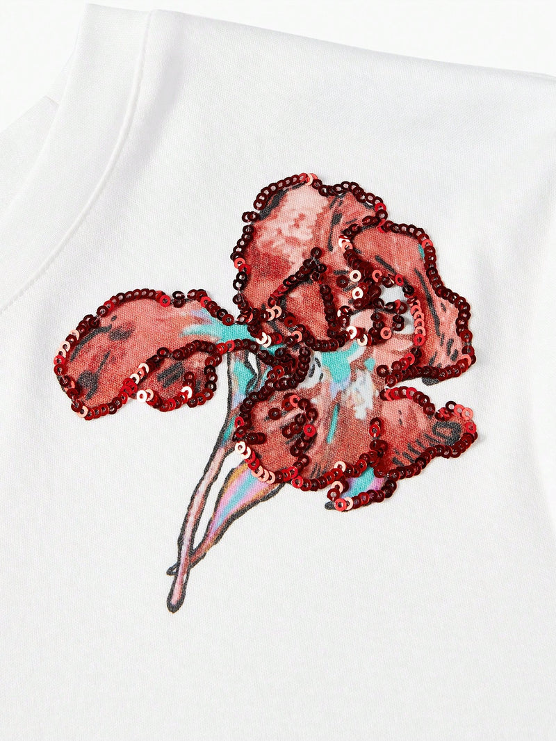 Camiseta de manga corta con lentejuelas y estampado floral de patchwork de MOTF PREMIUM