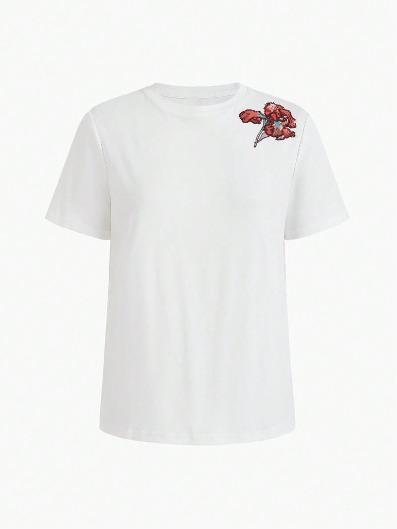 Camiseta de manga corta con lentejuelas y estampado floral de patchwork de MOTF PREMIUM