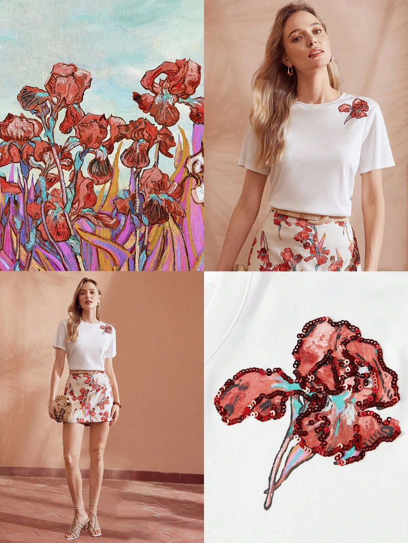 Camiseta de manga corta con lentejuelas y estampado floral de patchwork de MOTF PREMIUM