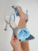 Sandalias de tacón alto para mujer de exterior de primavera/verano de alta calidad y elegantes, estilo discoteca, finas y puntiagudas con brillo metálico en estampado de serpiente azul claro, elegantes y sexys con tiras.