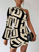 Vestido Casual com Manga Bufante e Estampa Geométrica