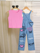 Conjunto de 2 piezas SHEIN de peto y camiseta sin mangas con estampado de efecto vaquero para chicas adolescentes