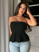 SHEIN Privé Women's blouse featuring beaded detailing, strapless design, umbrella hem, textured fabric and ruffles for a chic look