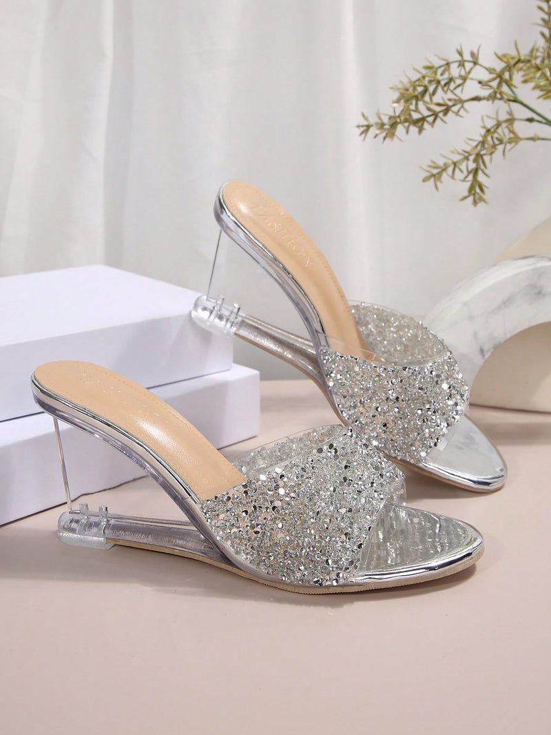 Sandalias de cuña de verano para mujer, tacones de cristal transparente, tacones de aguja de lujo para noche, hermosas sandalias de cuña con decoración de diamantes de imitación y brillo, sandalias a juego de moda.