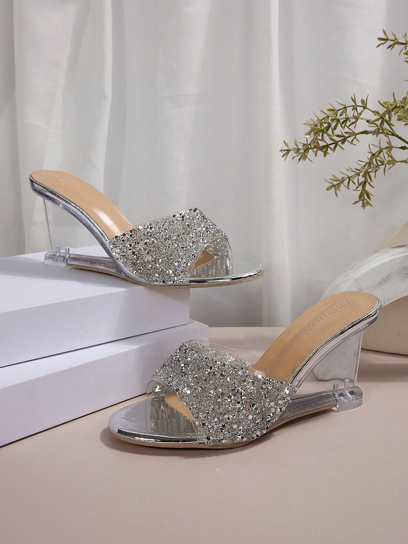 Sandalias de cuña de verano para mujer, tacones de cristal transparente, tacones de aguja de lujo para noche, hermosas sandalias de cuña con decoración de diamantes de imitación y brillo, sandalias a juego de moda.