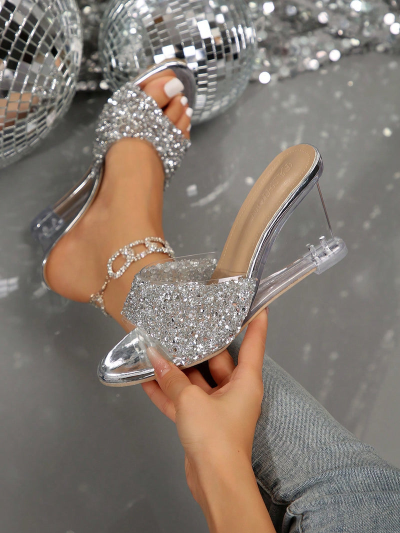 Sandalias de cuña de verano para mujer, tacones de cristal transparente, tacones de aguja de lujo para noche, hermosas sandalias de cuña con decoración de diamantes de imitación y brillo, sandalias a juego de moda.