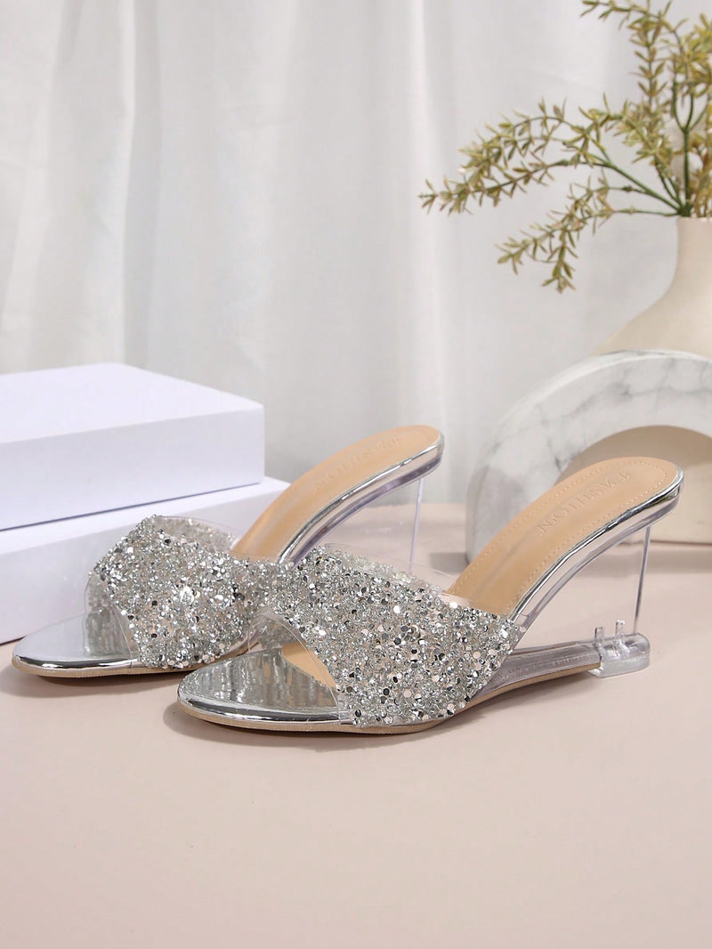 Sandalias de cuña de verano para mujer, tacones de cristal transparente, tacones de aguja de lujo para noche, hermosas sandalias de cuña con decoración de diamantes de imitación y brillo, sandalias a juego de moda.