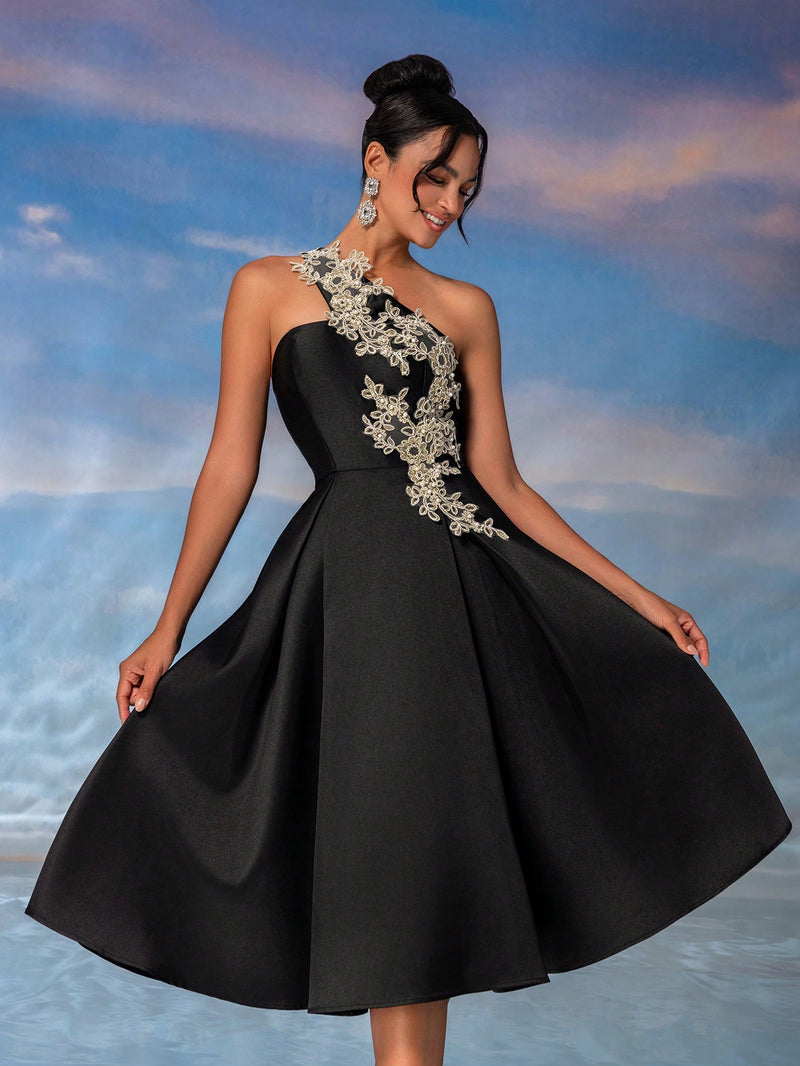 Lovelzi Elegant and Magnificent, Dignified and Generous, Retro and Charming, Aqua Satin Dress with Gold Thread Applique on One Shoulder with Padding on Bust, High Waist Design A-Line Silhouette with Pleated Hem Mid-Length, Suitable for Party,